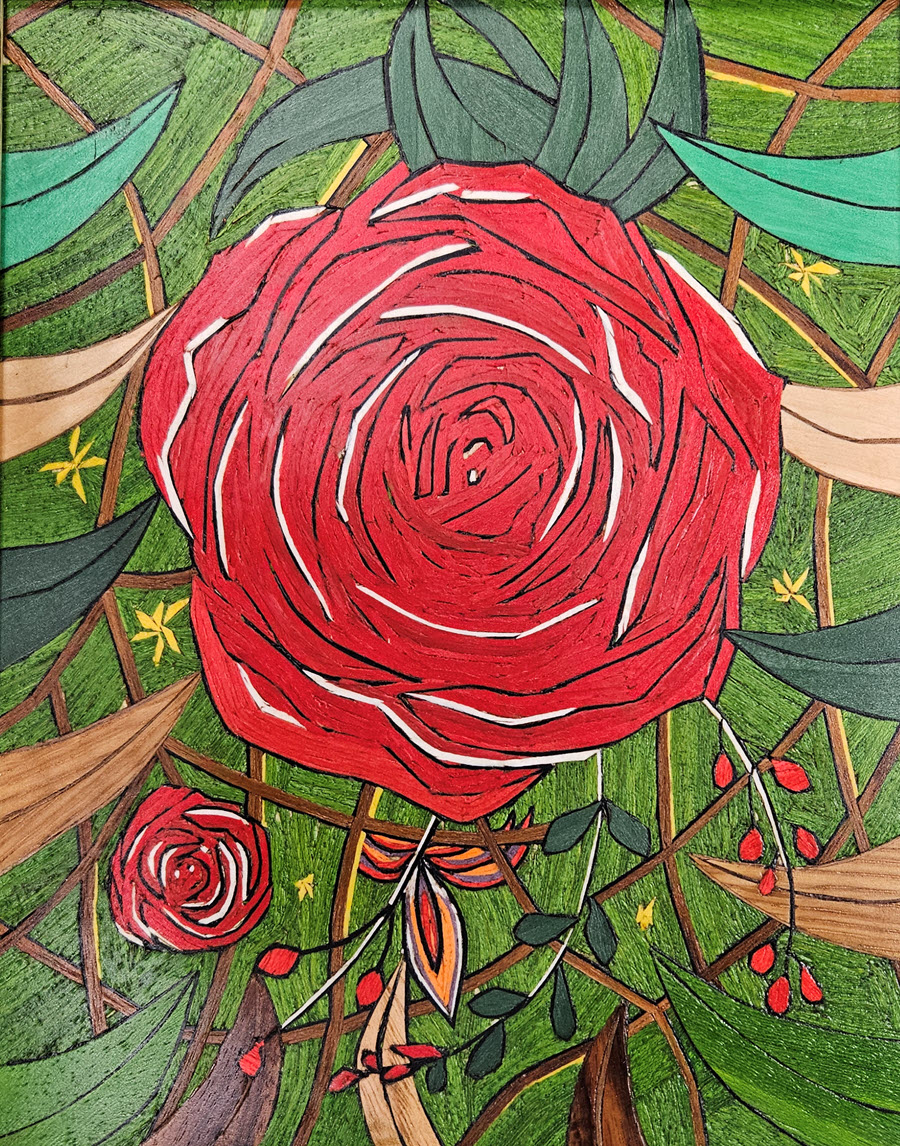 A Rose is a Rose, a marquetry art piece by Errol Bruce